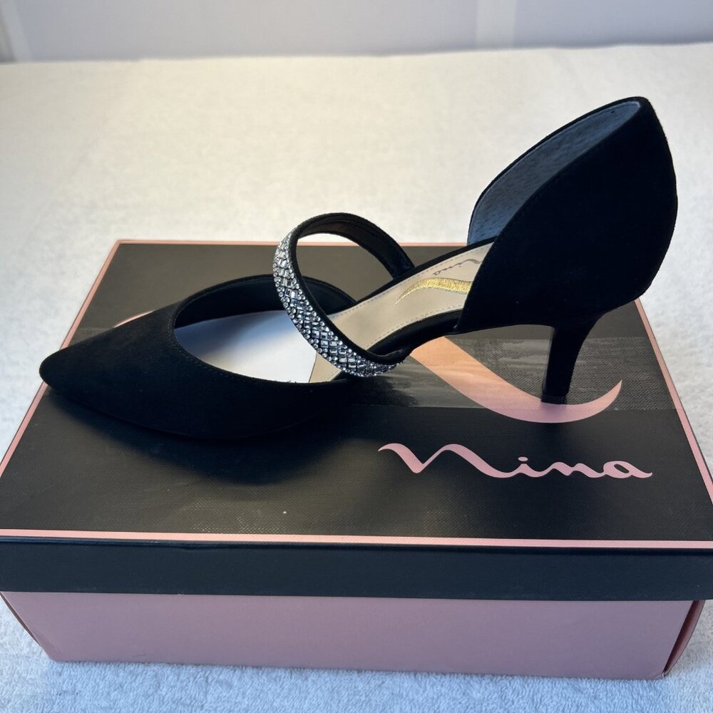 Nina Evening Shoes Black Suede Rhinestone Strap 3" Heel Pointed Toe New SZ 8.5